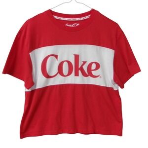 Coca-Cola Women's Red White Colorblock Graphic Crop Top T-Shirt Large Coke Logo